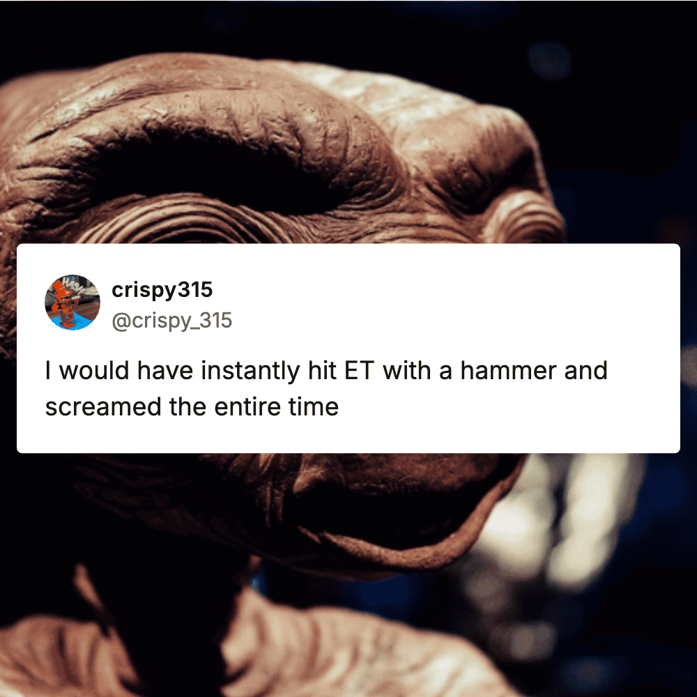 Funny alien meme with humorous caption about hitting ET with a hammer.