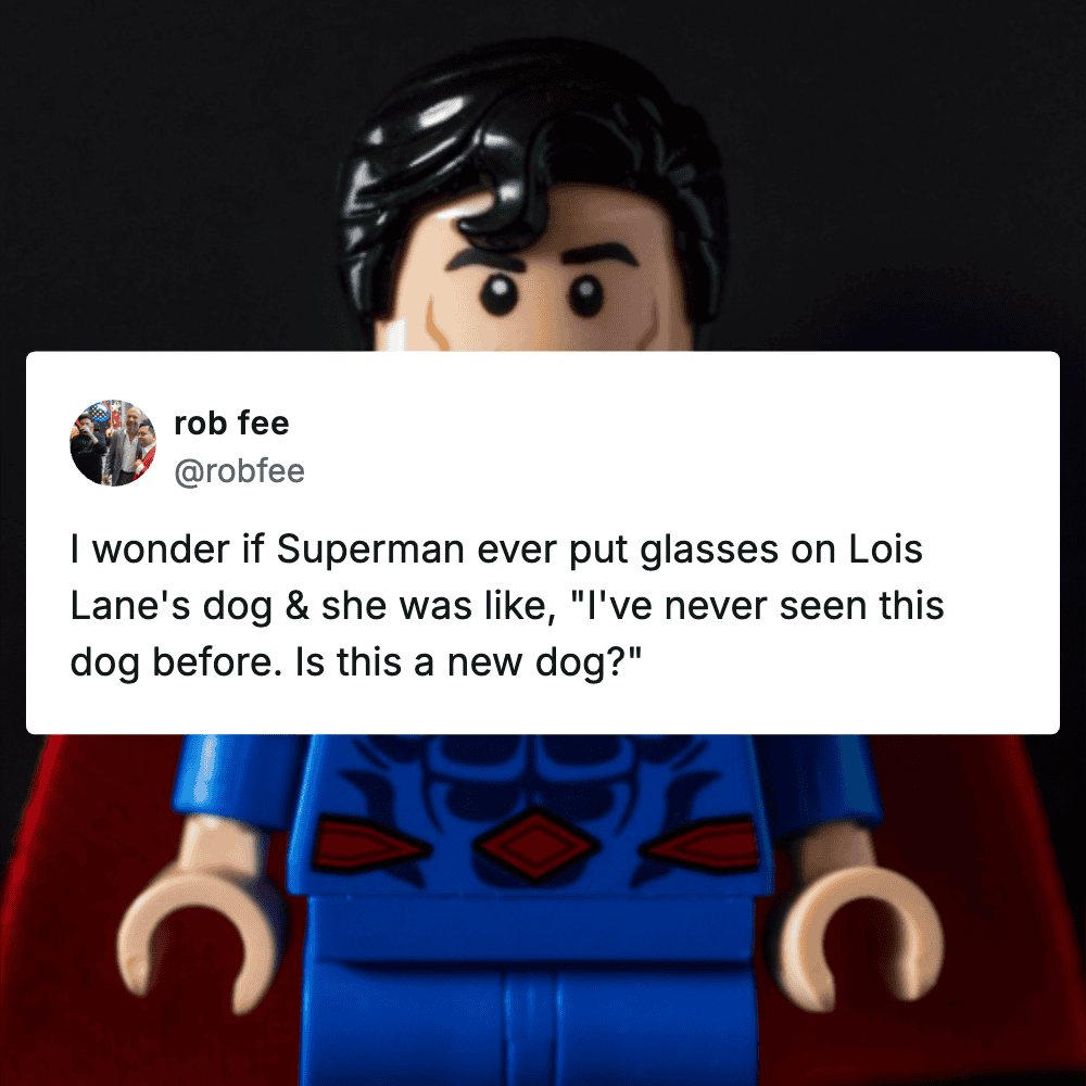 LEGO Superman figure with Lois Lane's dog, humorous toy collectible for comic fans.