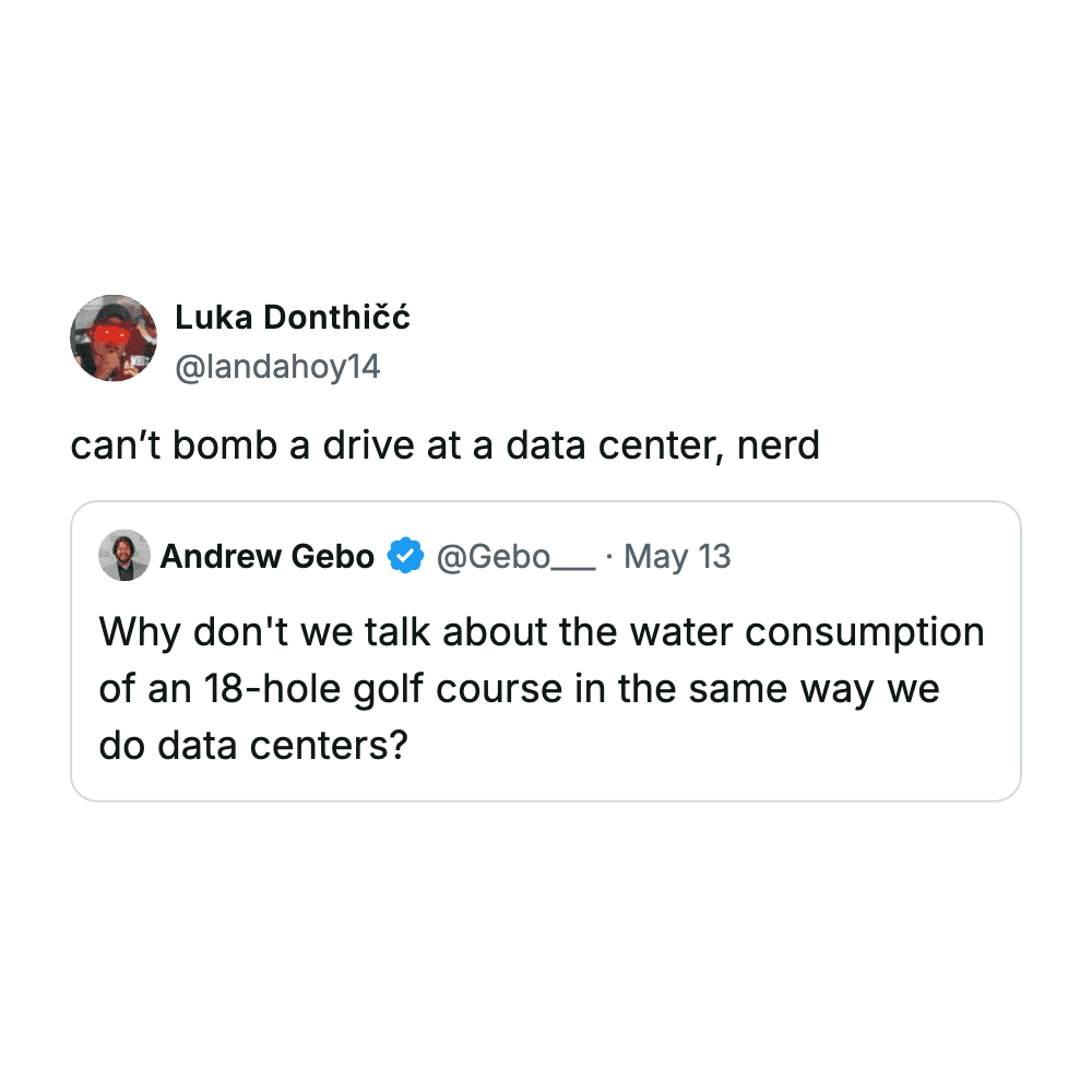 Funny meme showing a person joking about data centers and water consumption.