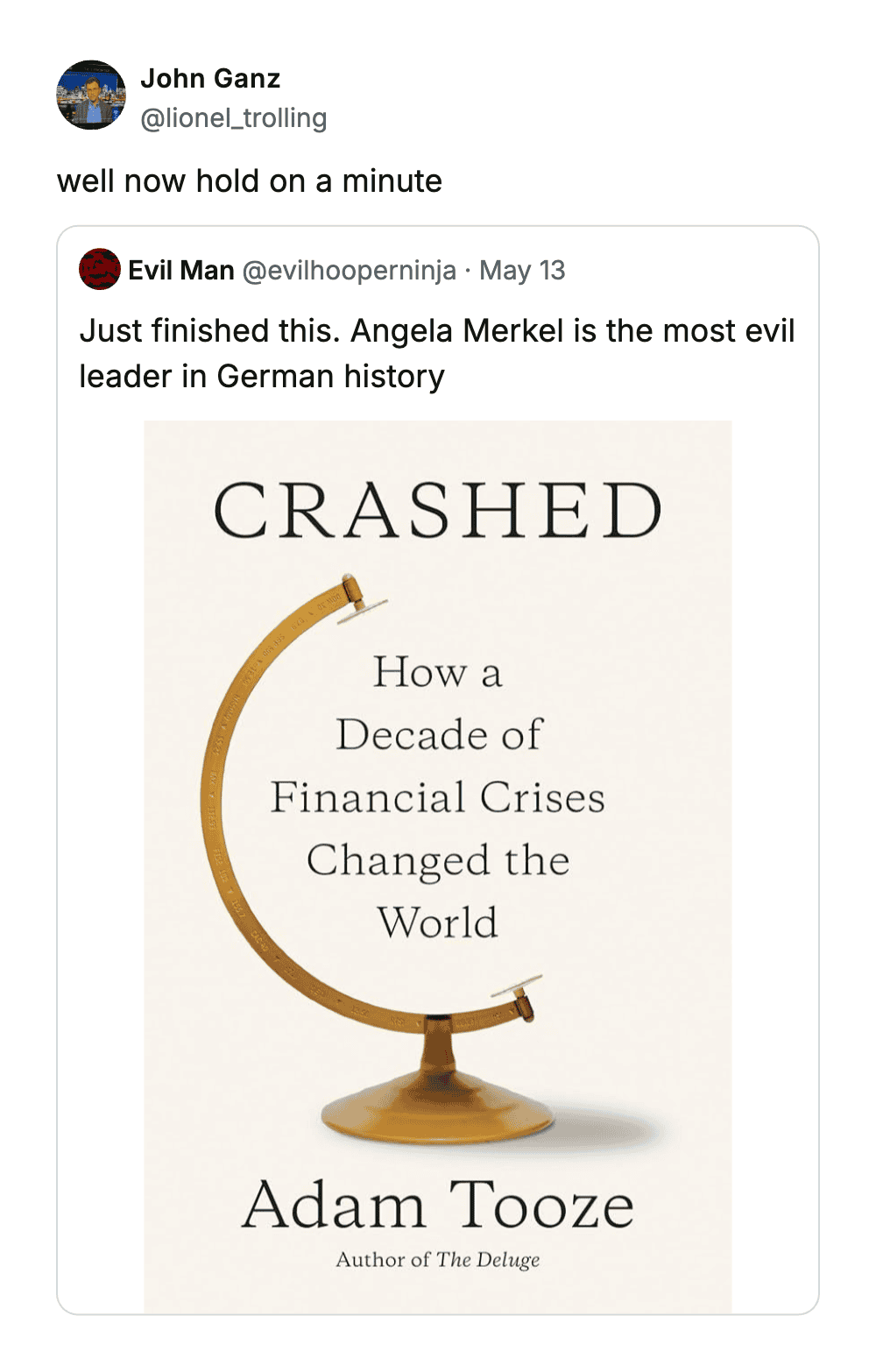 Book cover of "Crashed" by Adam Tooze, about global financial crises.