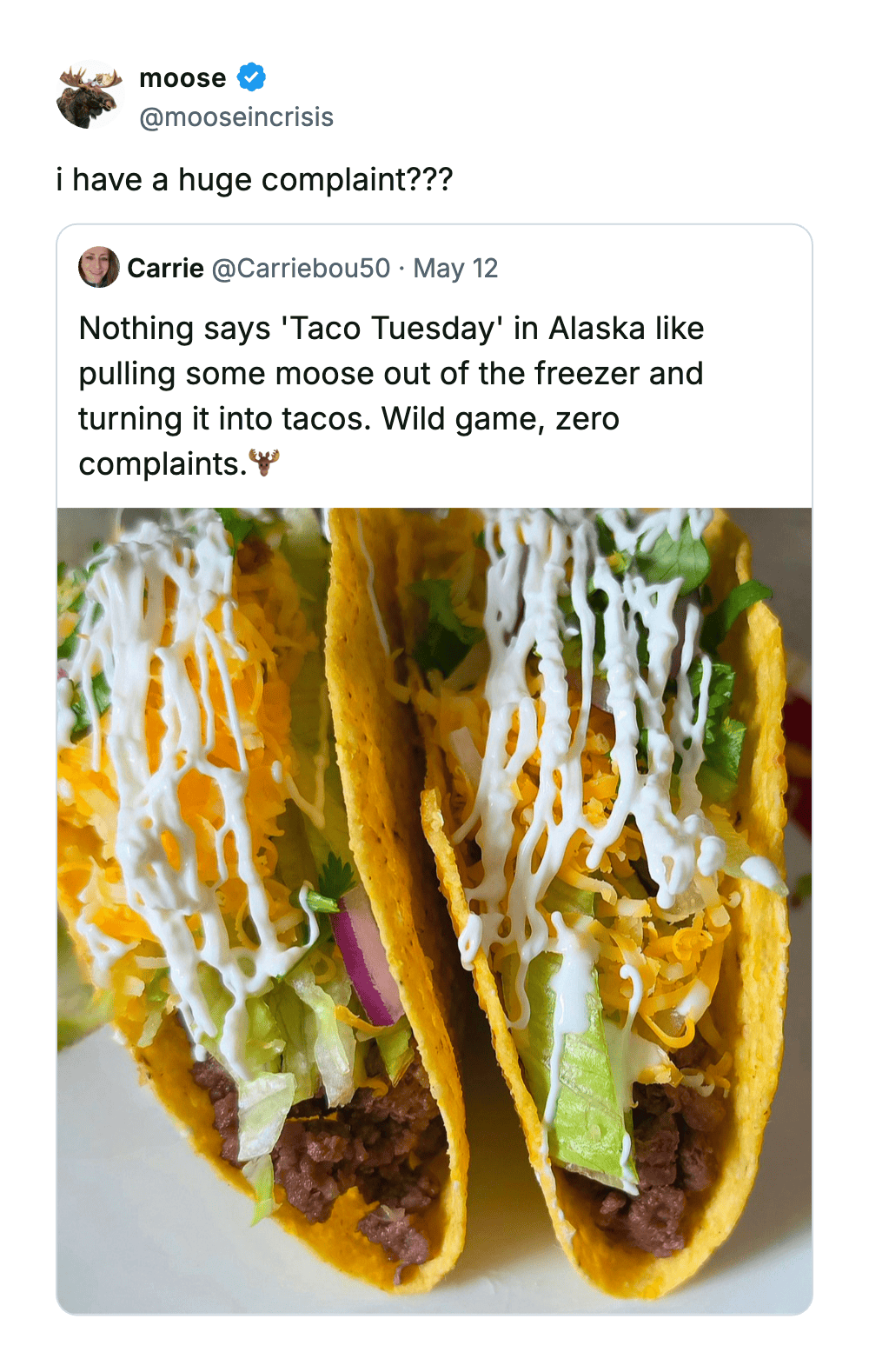 Tacos with shredded cheese, lettuce, and beef in yellow taco shells.