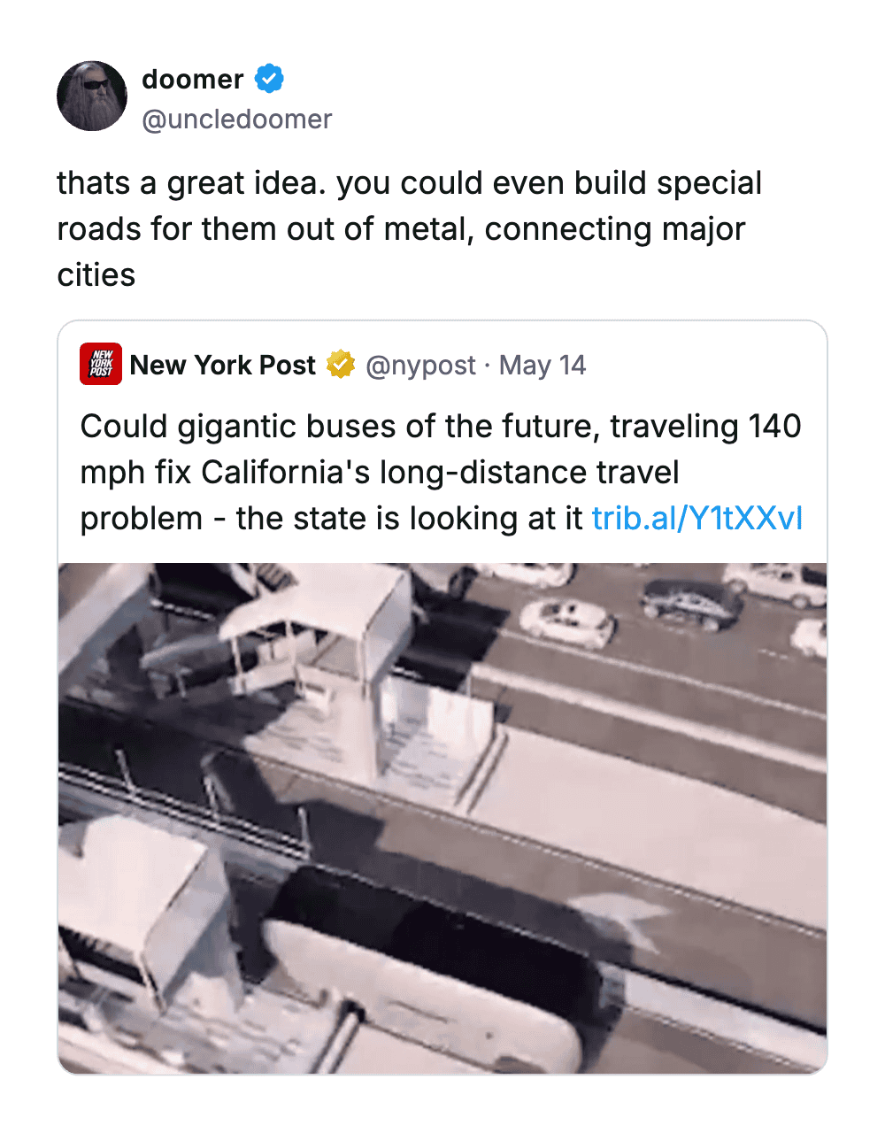 Conceptual image of giant buses traveling at 140 mph connecting California cities.