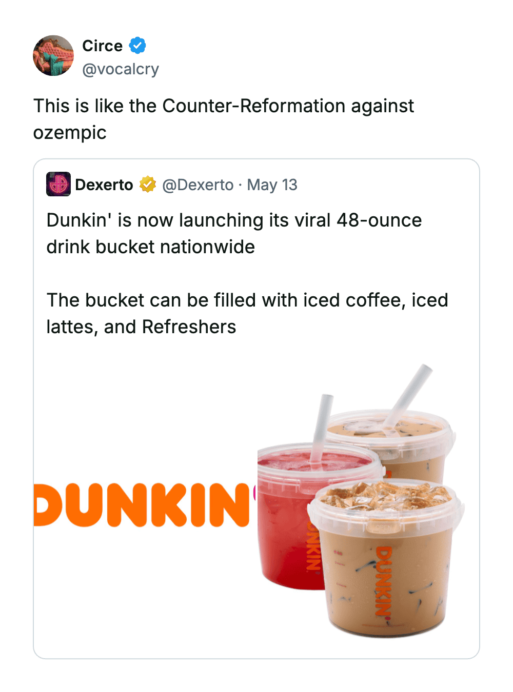 Large Dunkin' drink bucket with iced coffee and refreshers, 48 ounces, for nationwide launch.