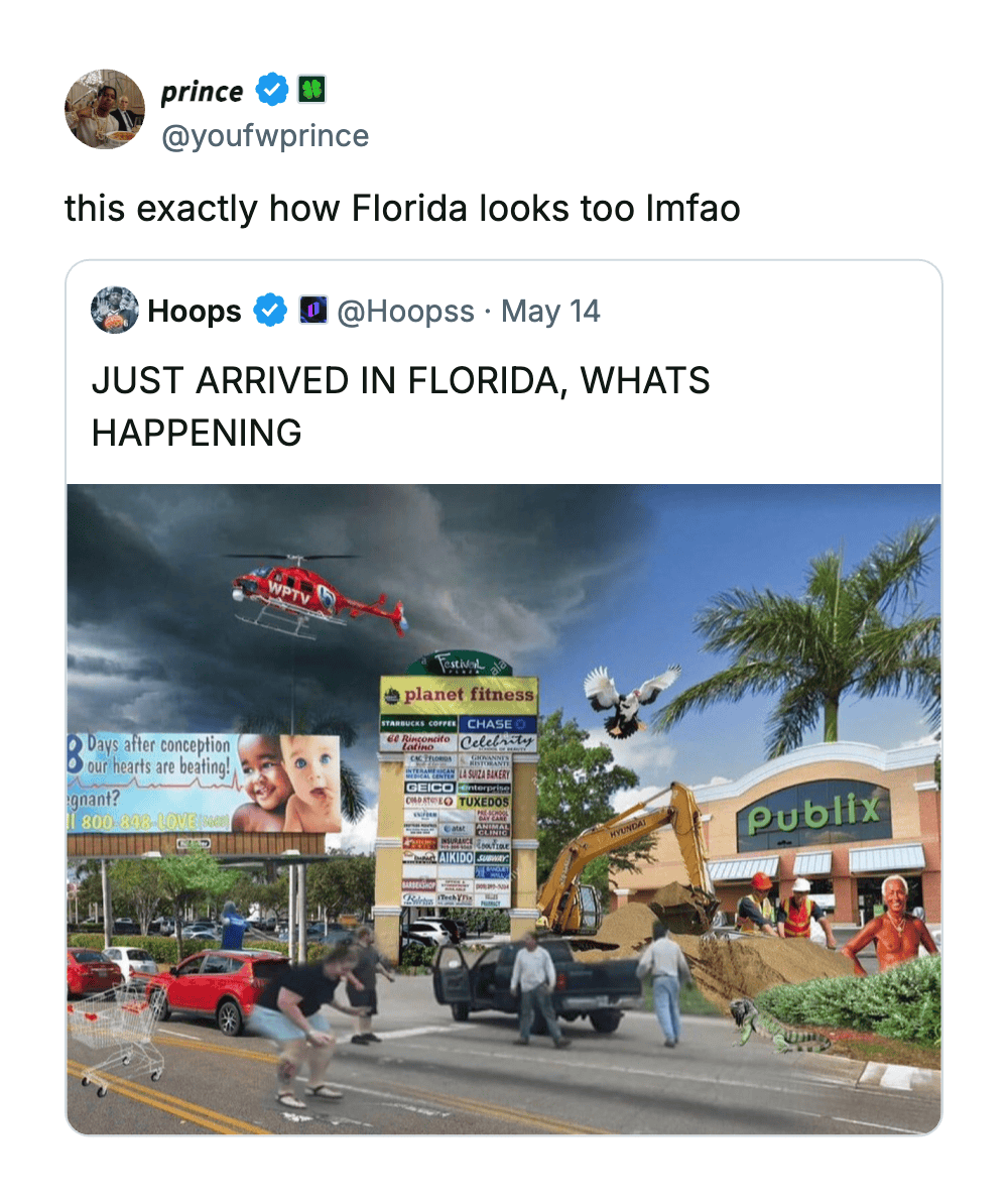 Scene of chaos in Florida with helicopter, construction, and people in parking lot.