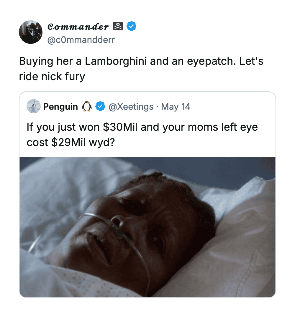Man in hospital bed with eye patch and oxygen tube, humorous meme about luxury and health.