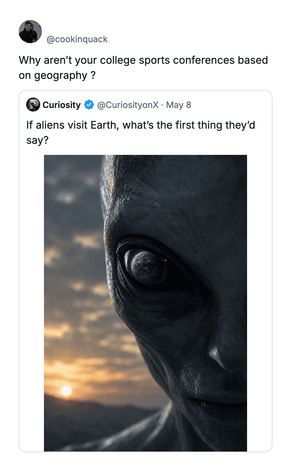 Close-up of an alien's face with Earth and sunset in the background.
