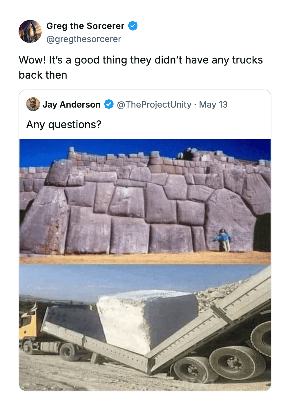 Incan stone wall construction with large stone blocks and quarrying process scene.