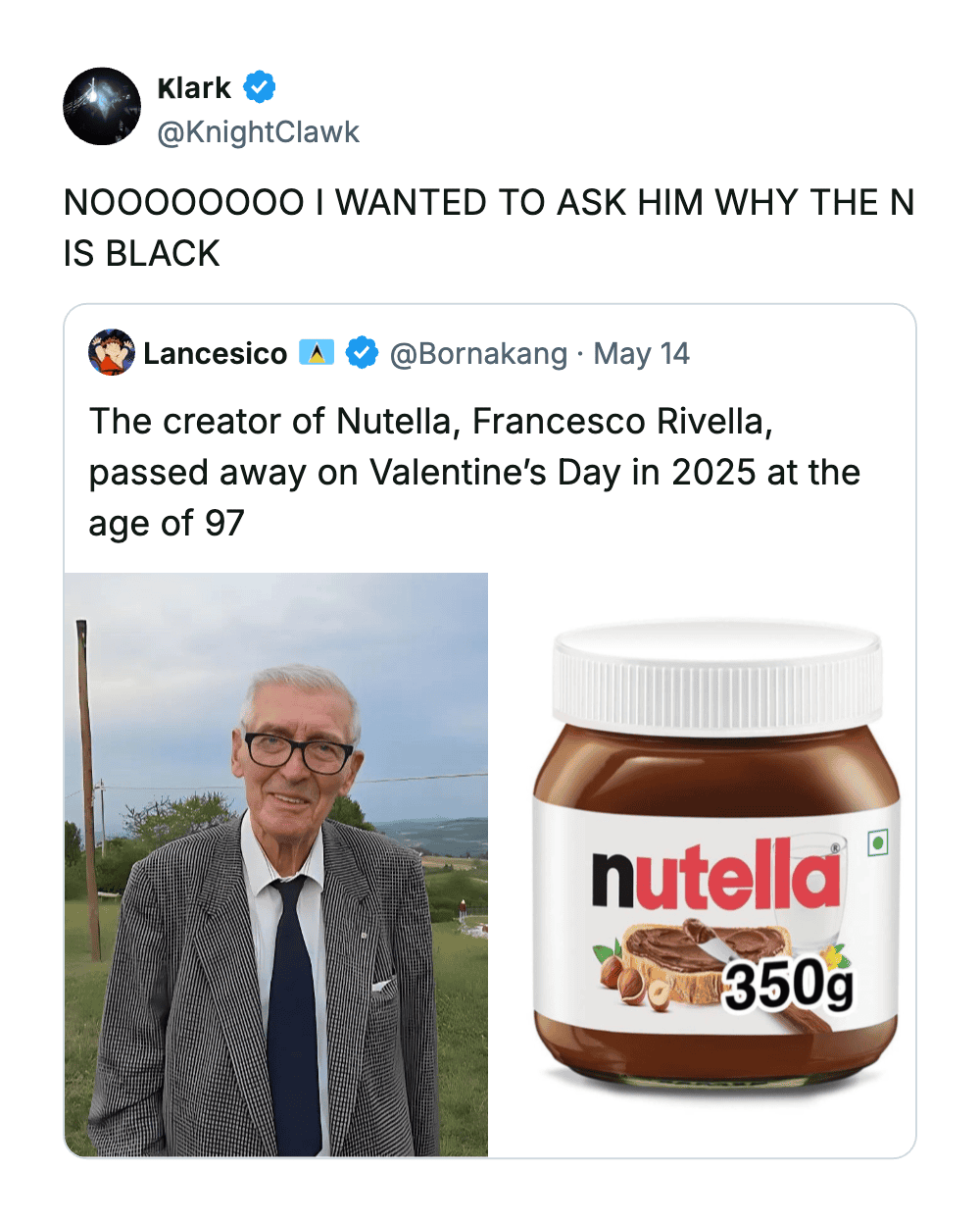 Portrait of an elderly man standing outdoors next to a Nutella jar, with a cloudy sky background.