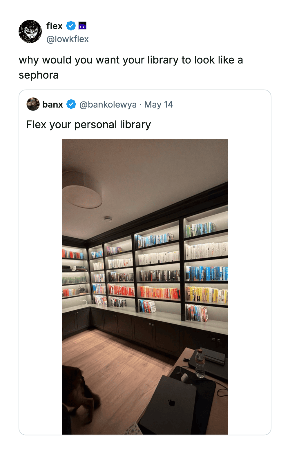 Library with organized, colorful bookshelves resembling a Sephora store.