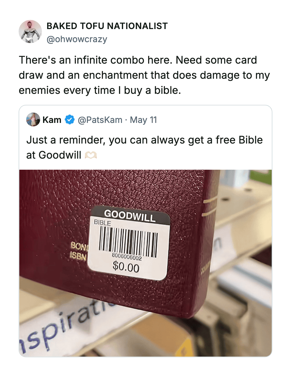 Funny meme about card combos and Bible damage at Goodwill.