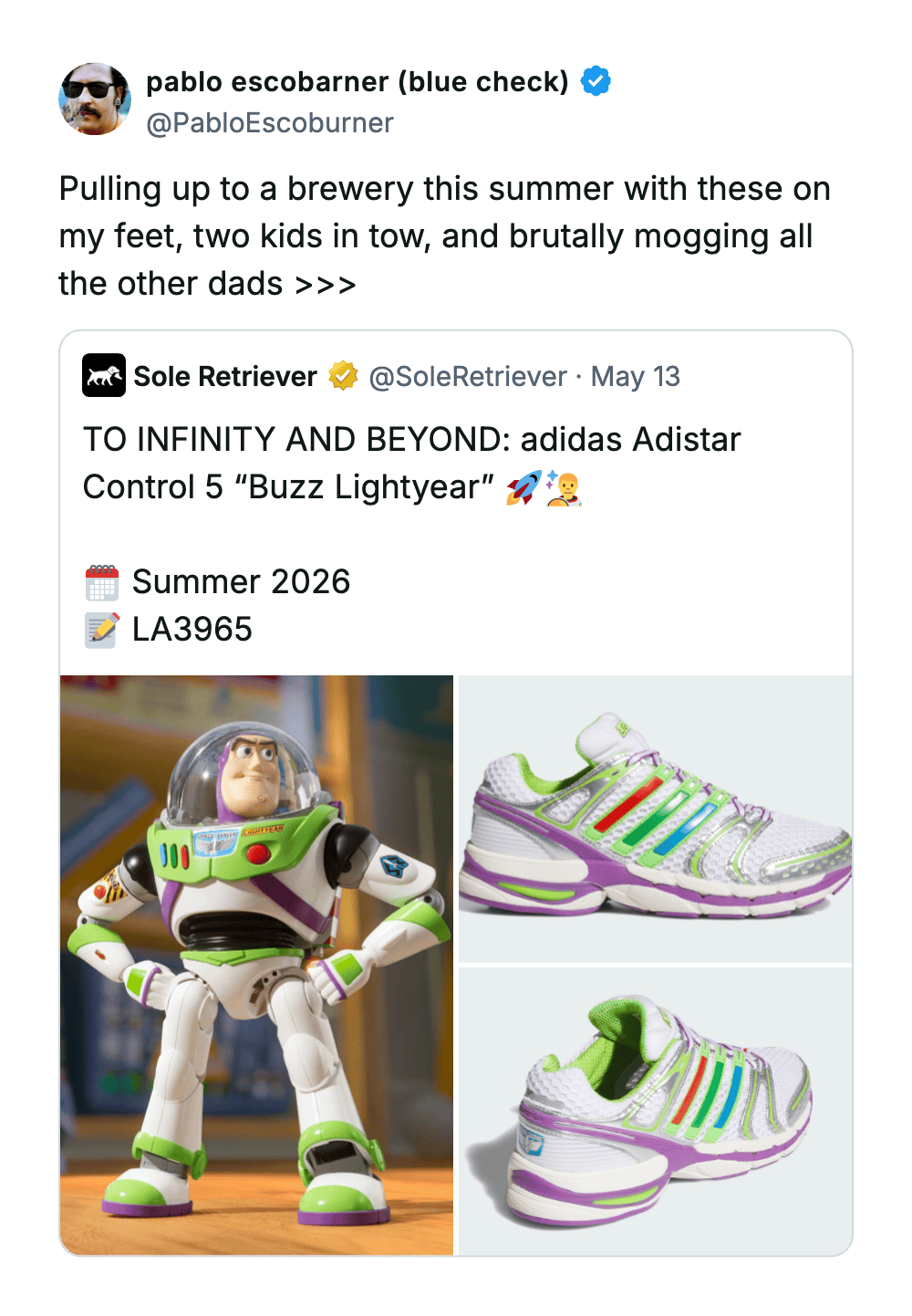 Toy Buzz Lightyear figure and colorful sneakers from Pleated Jeans.