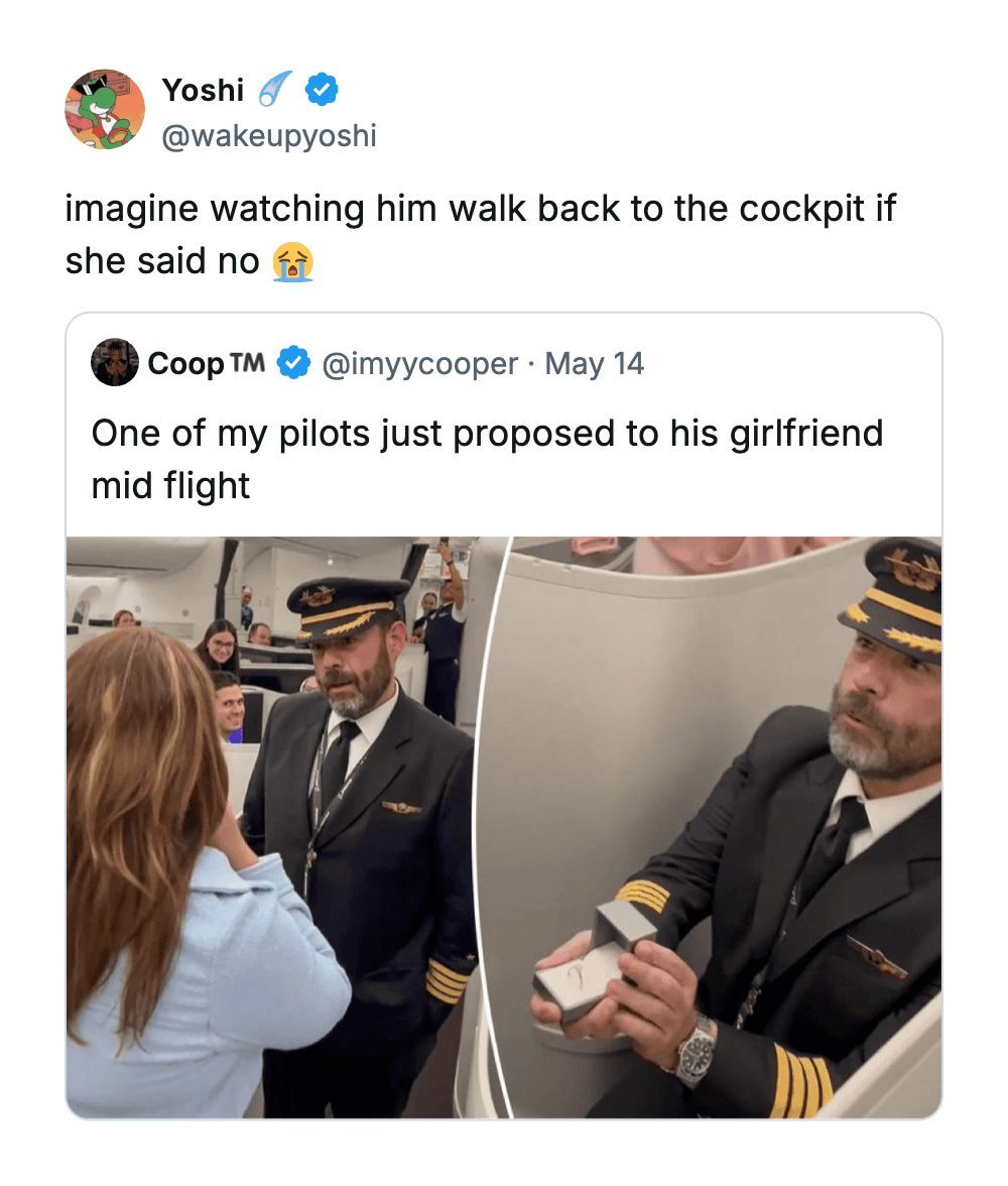 Pilot proposing mid-flight to his girlfriend, with flight attendants present, inside an airplane cab.