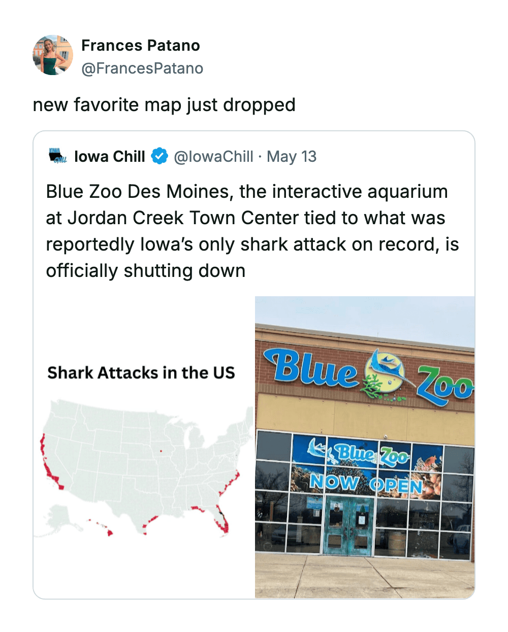 Blue Zoo Des Moines aquarium entrance with signage and shark attack map.
