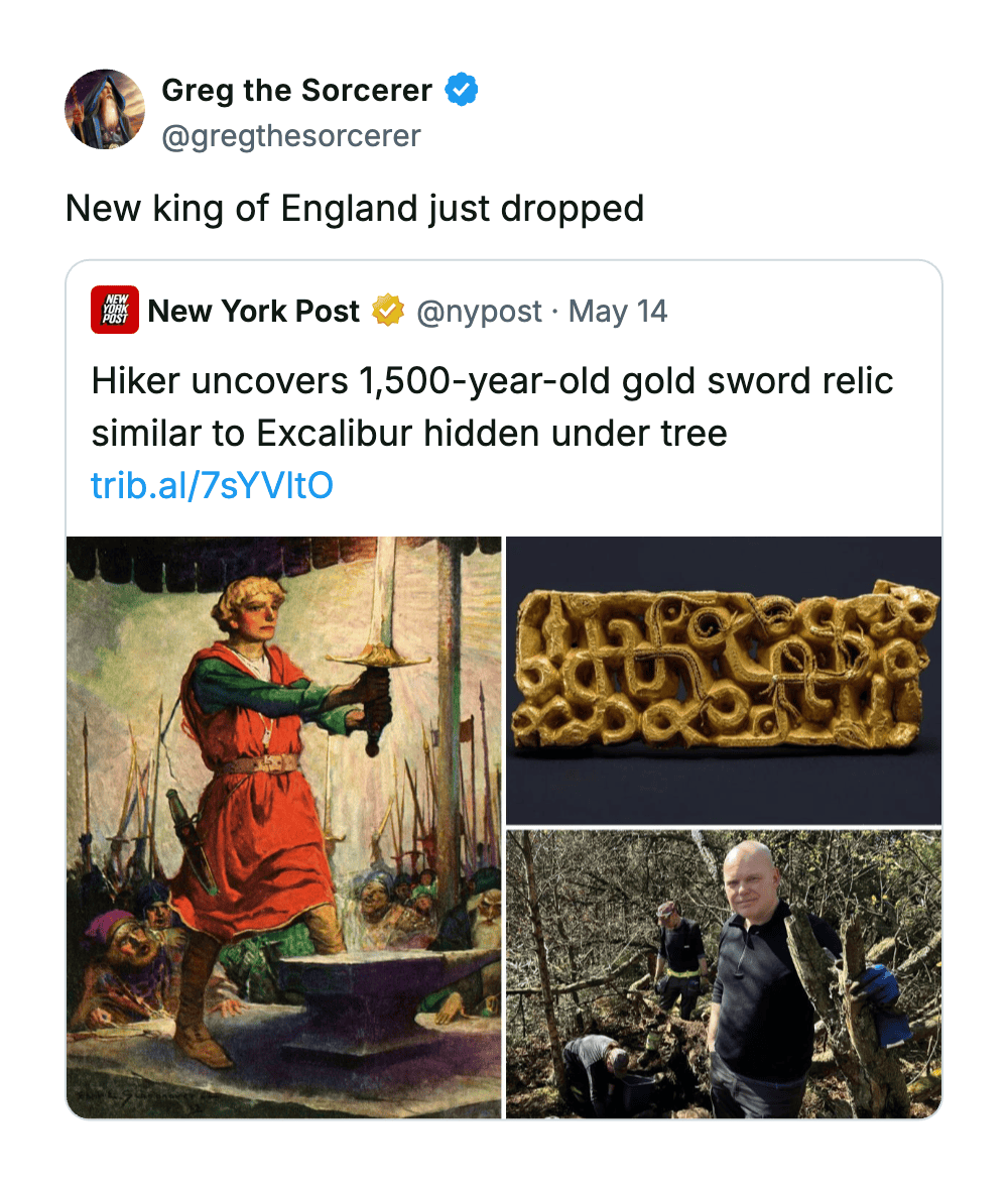 Ancient 1,500-year-old gold sword relic hidden under a tree, similar to Excalibur, uncovered by a hi.