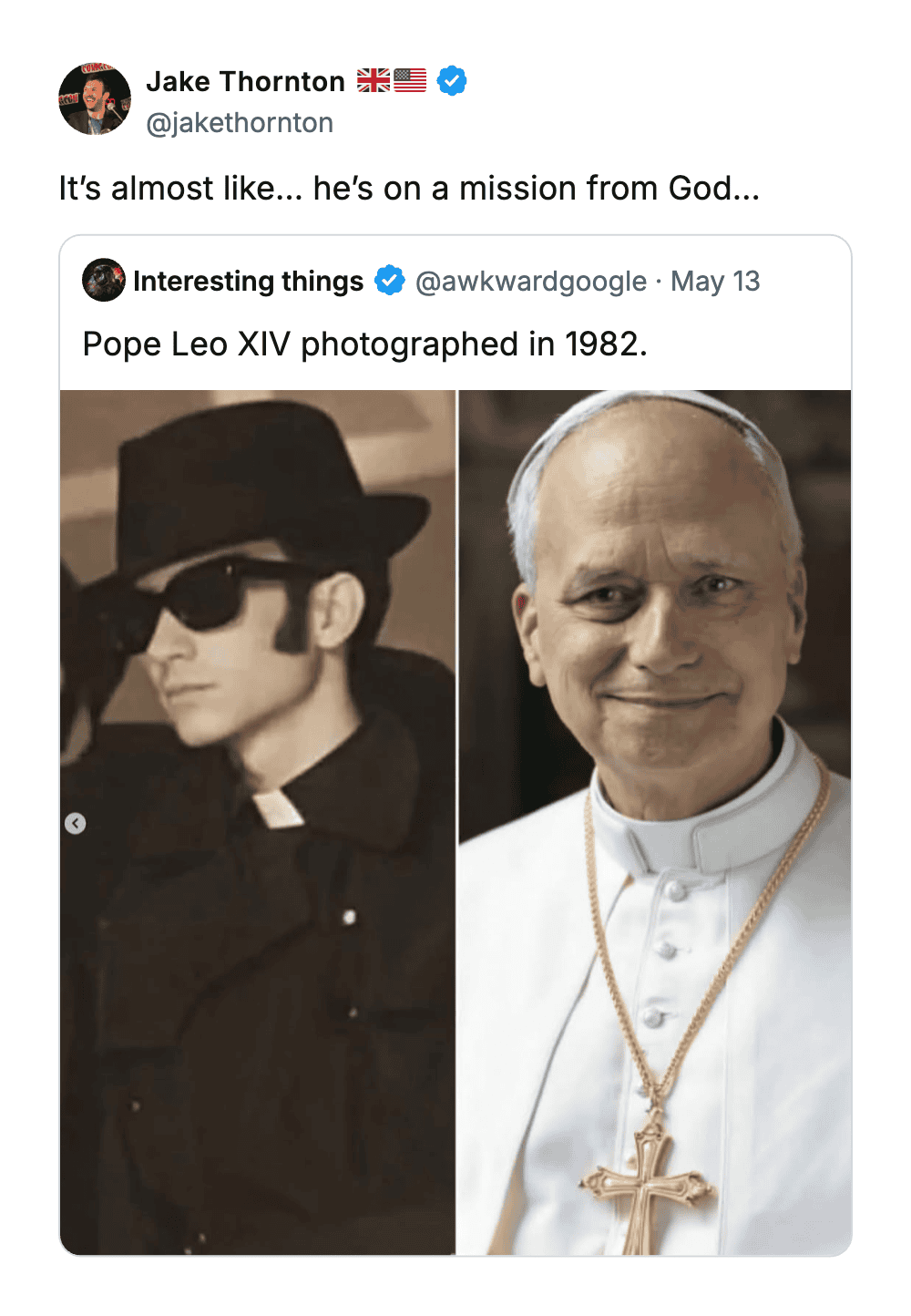 Comparison of Pope John Paul II in 1982 and as a young man in 1920s clothing.