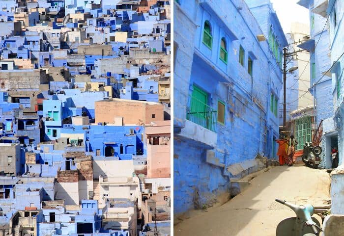 Colorful cityscape featuring vibrant blue buildings and narrow alleyways, inspired by cool colorful.