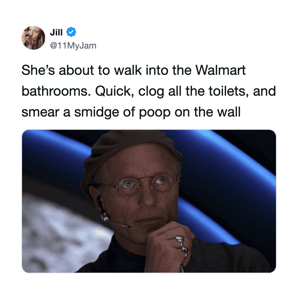Humorous meme about rushing to the Walmart bathroom and smearing poop on the wall.