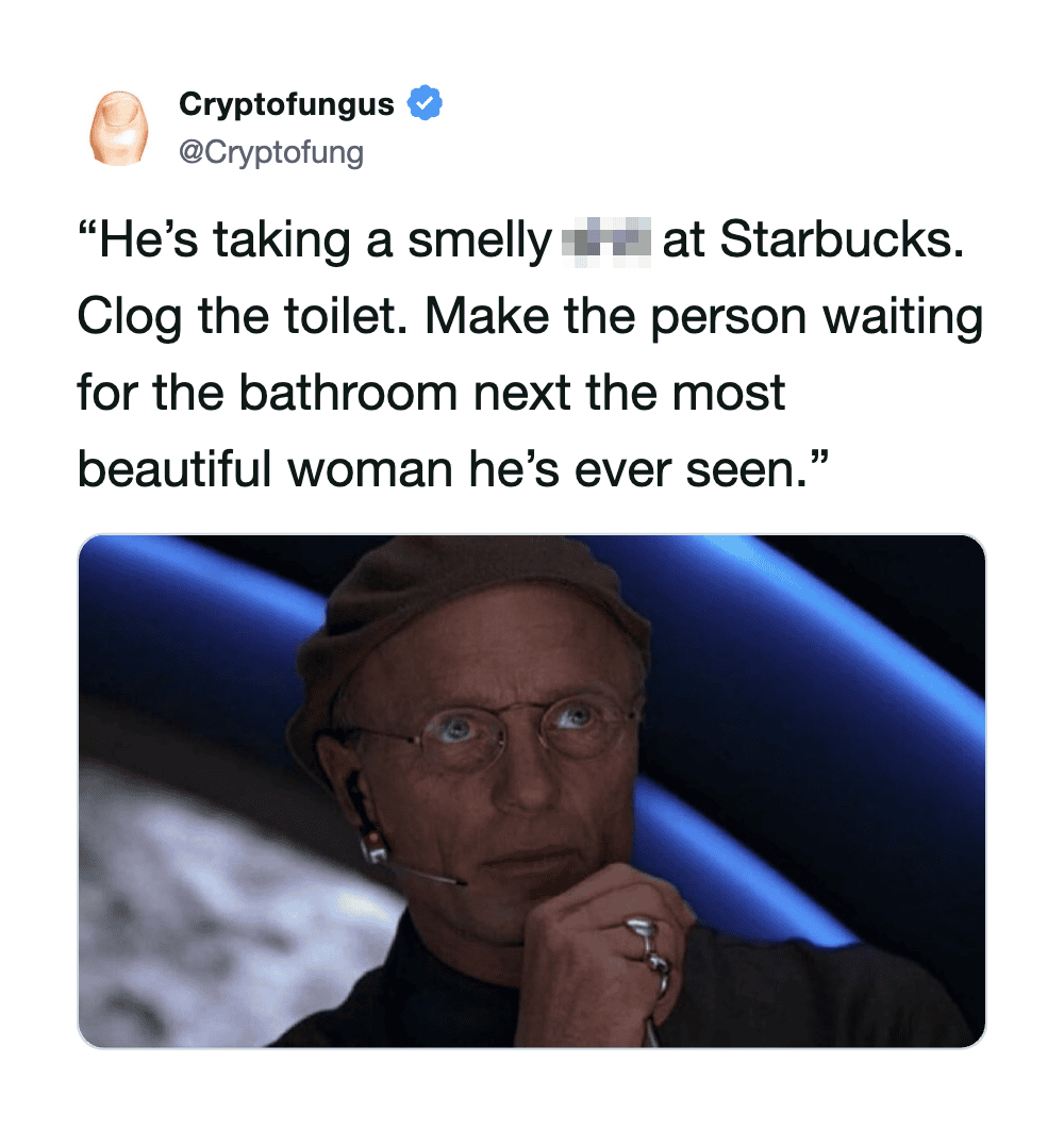 Humorous Star Wars meme with a character in a spaceship, caption about a smelly situation at Starbuc.