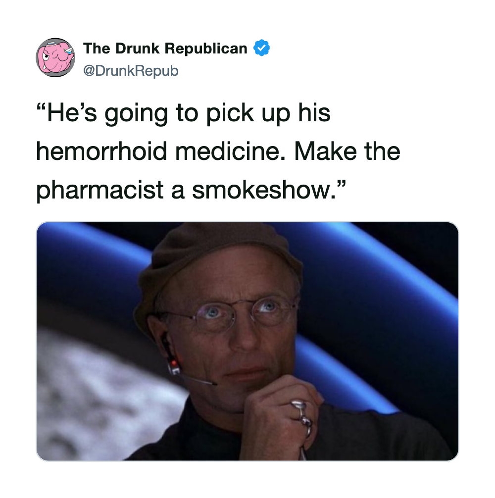 Humorous meme from Pleated Jeans featuring a quote about hemorrhoid medicine.