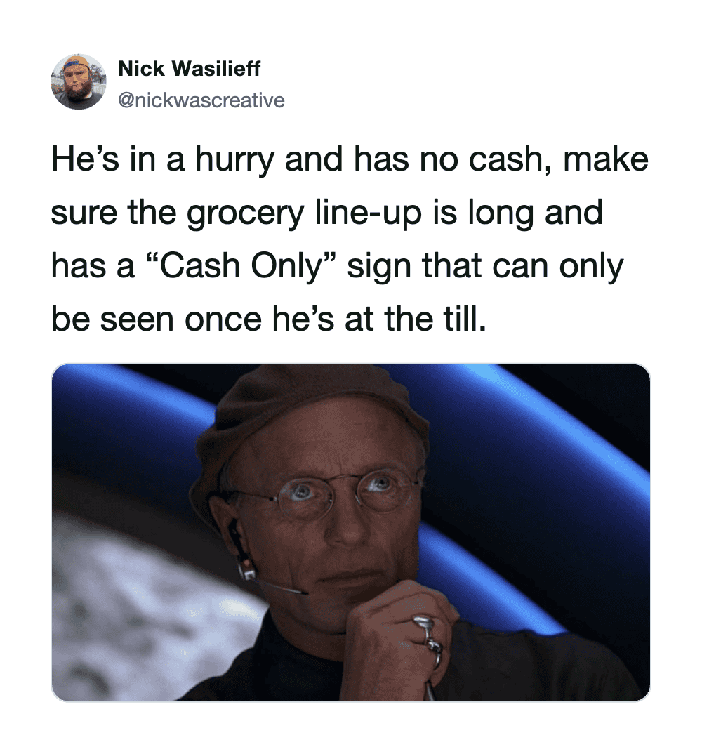 Man in a hurry at grocery checkout with "Cash Only" sign, no cash in hand.