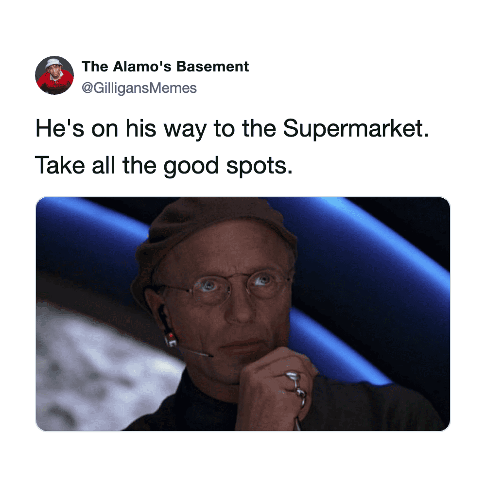 Humorous meme of a person with glasses and headset, about to go shopping at the supermarket.