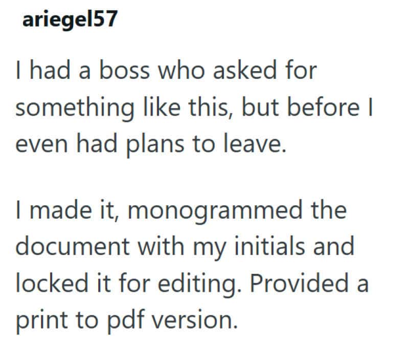 Employee writing a 100-page manual for outsourced replacement.