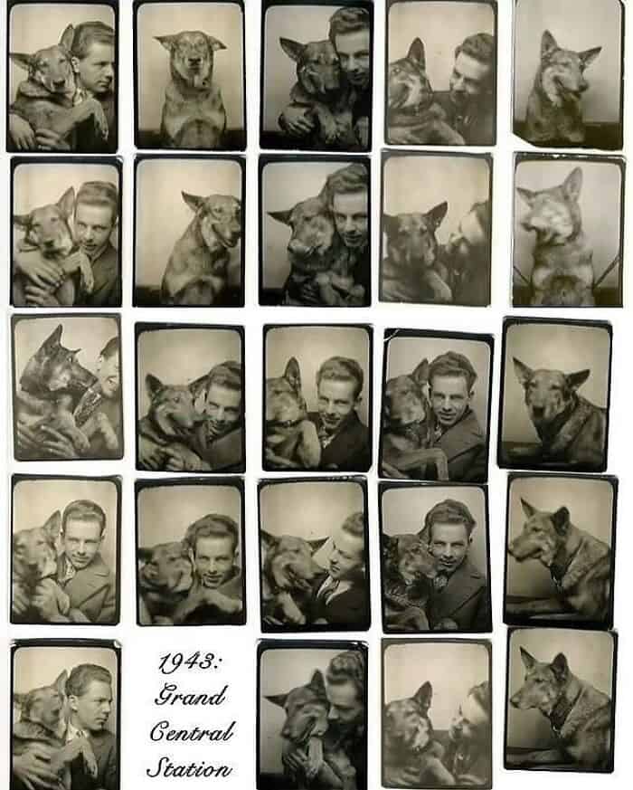 Vintage black-and-white photo collage featuring a man and his dog from 1943 at Grand Central Station.