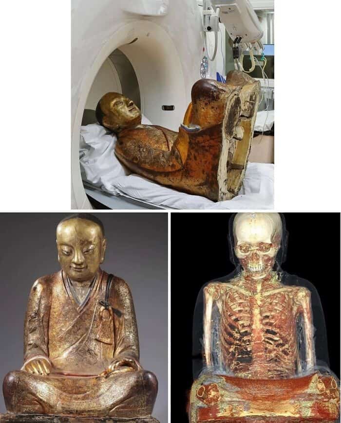 Ancient mummy and skeleton statues with gold leaf and detailed carvings, showcasing historical buria.