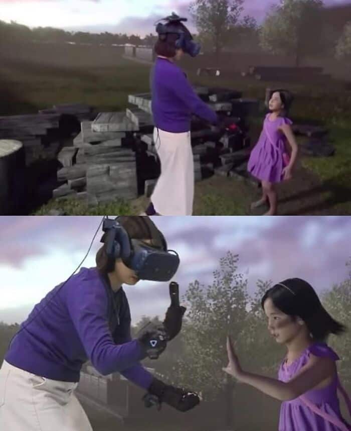 Young girl interacting with a woman wearing a VR headset outdoors.