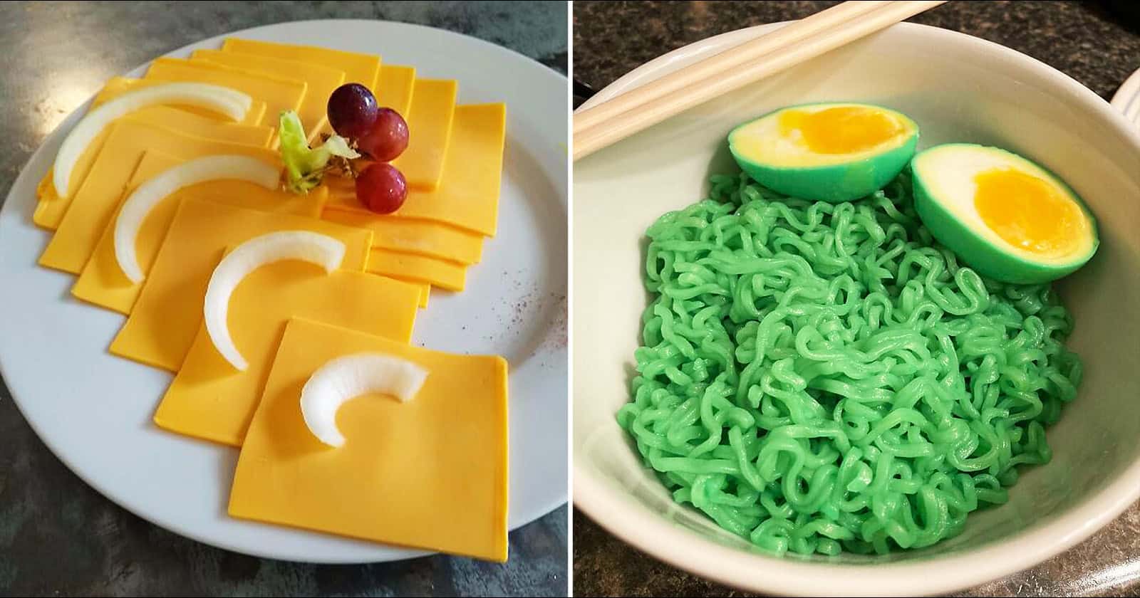A plate of sliced cheese and onions garnished with grapes, showcasing a creative food arrangement.