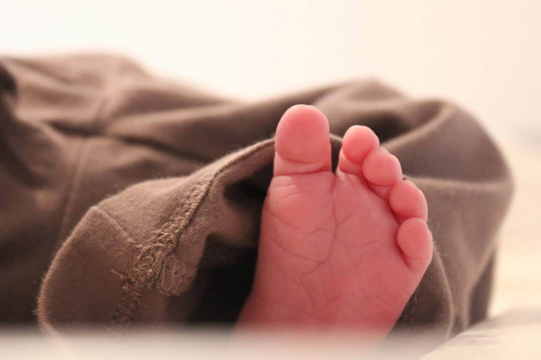 Baby foot close-up on brown pants, soft skin and tiny toes.