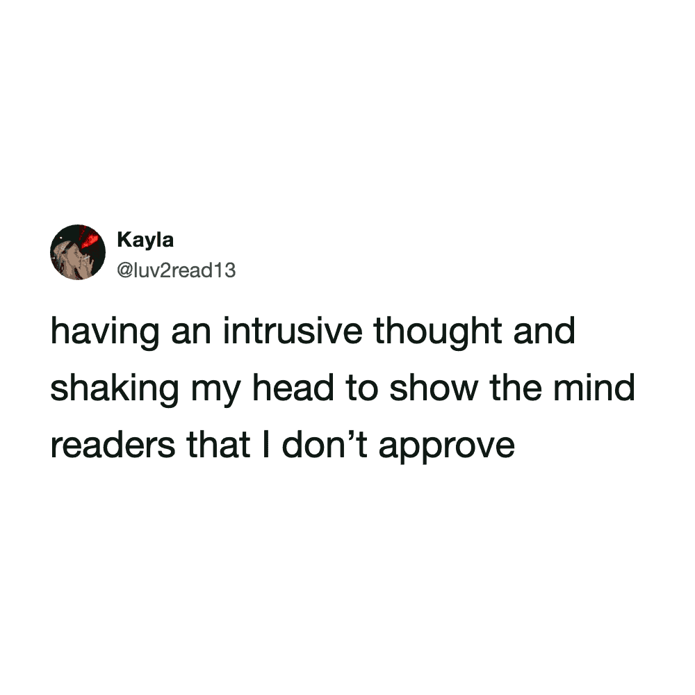 Pleated Jeans, humorous tweet about intrusive thoughts and head-shaking.
