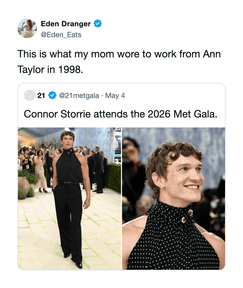 Woman in 1998 work outfit with pleated jeans, humorous fashion throwback.