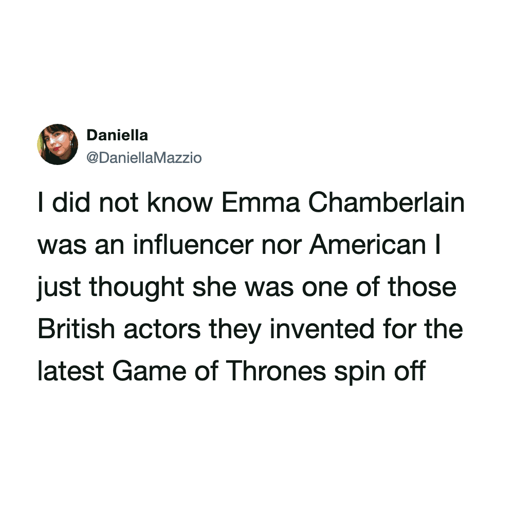 Humorous tweet about Emma Chamberlain and British actors from Pleated Jeans.