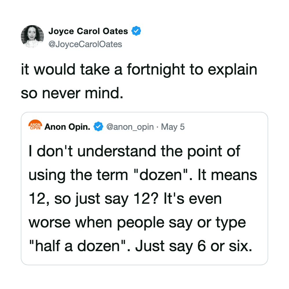 Comical women’s tweet about using "dozen" vs. numbers, humorous social media post.