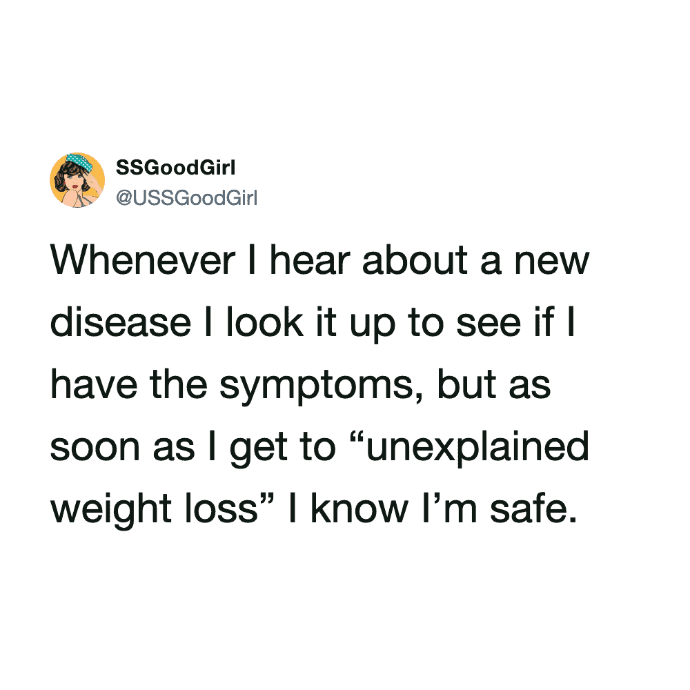 Humorous tweet about health concerns and weight loss from women.