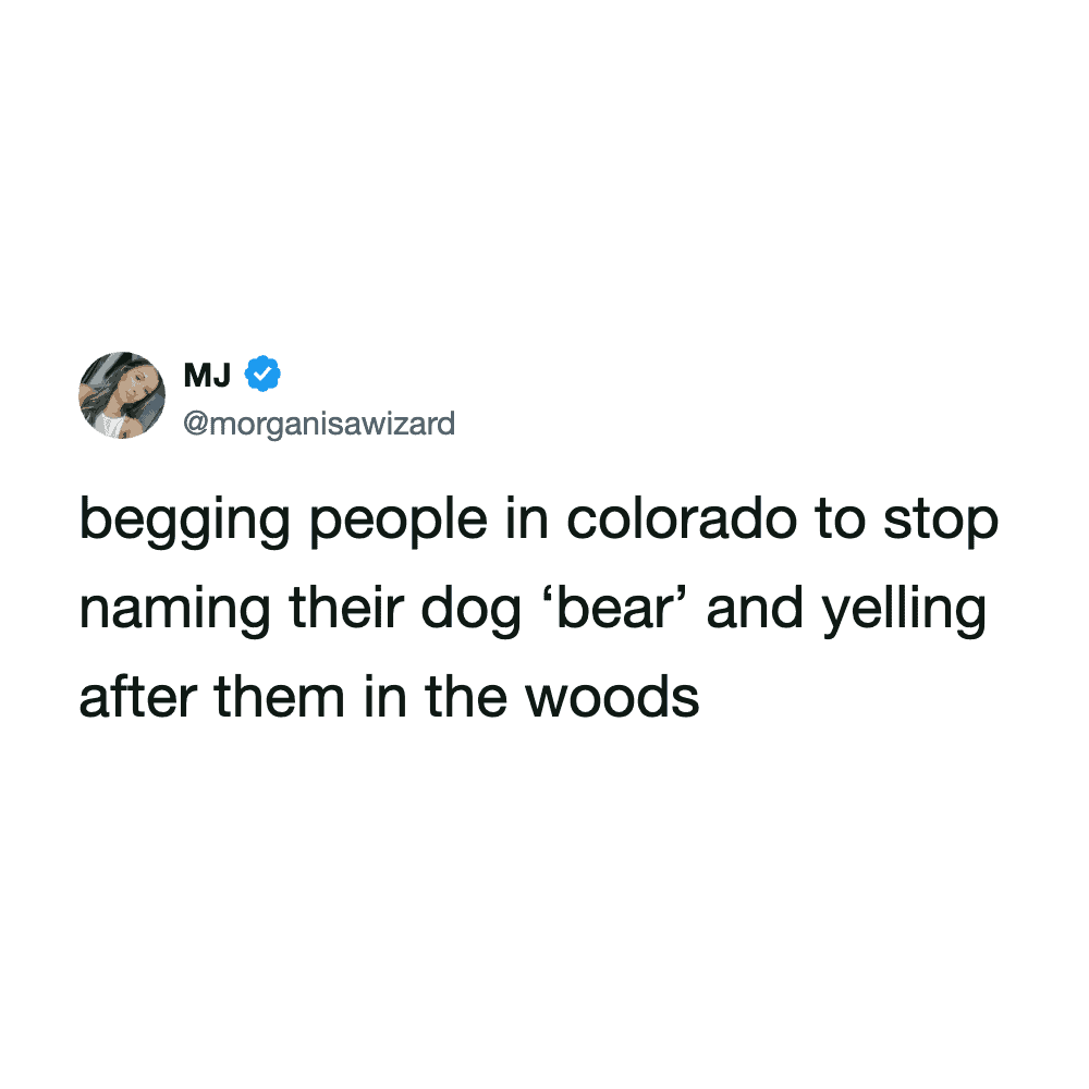 Dog naming humor at a park, with people yelling in the woods.