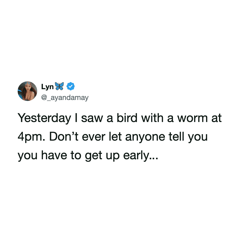 Bird with a worm at 4pm, humorous tweet highlighting unexpected wildlife encounters.