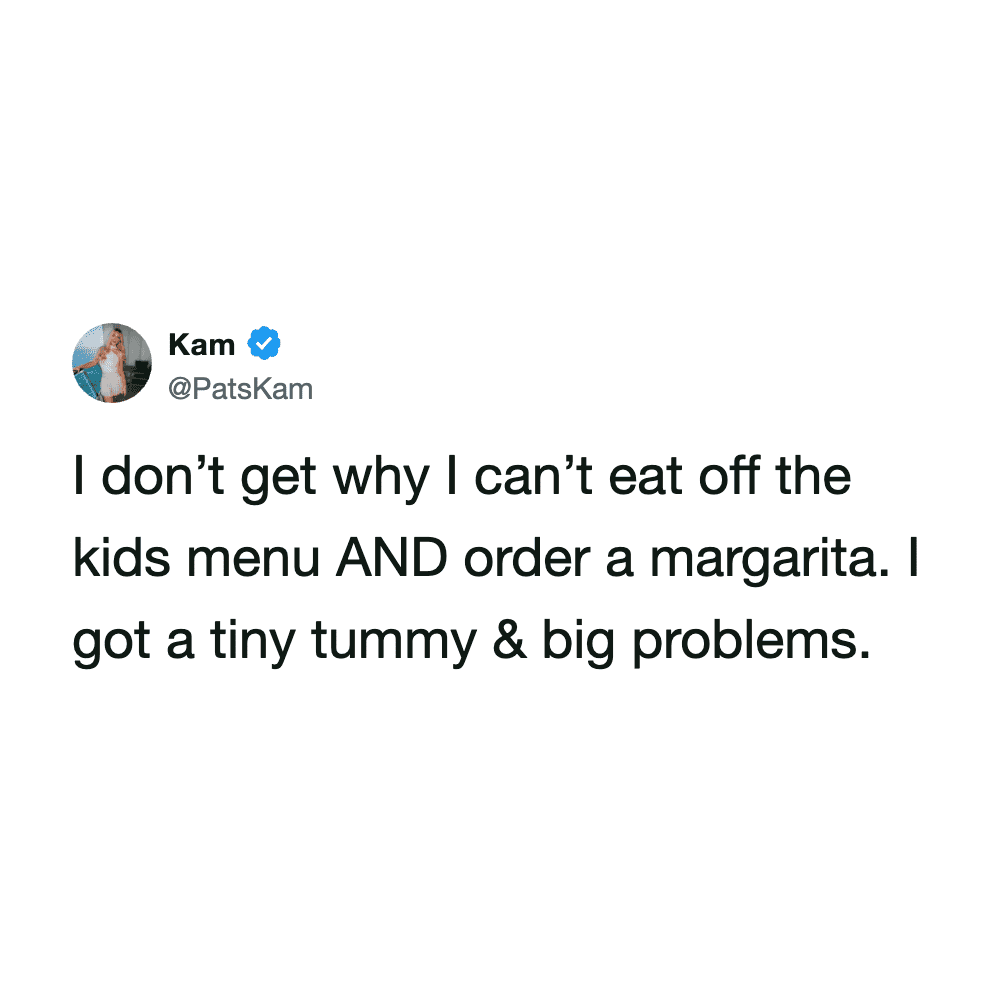 Humorous tweet image about struggling with kids' menu and digestion issues.