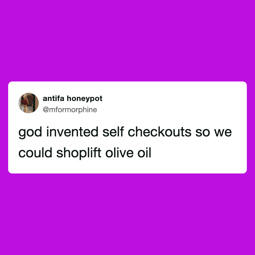 Funny meme about self-checkout and olive oil on a purple background.