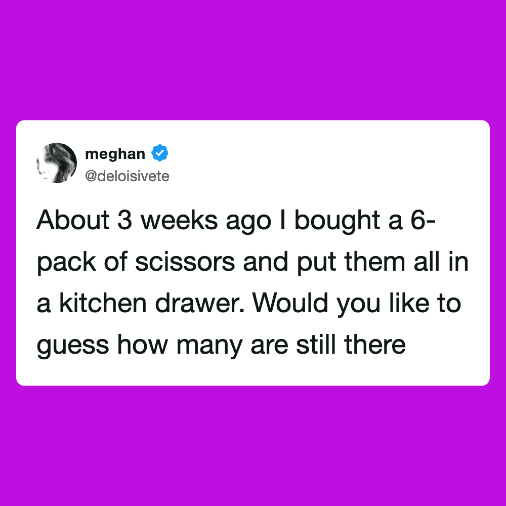 Scissors stored in a kitchen drawer, part of a humorous post about household items.