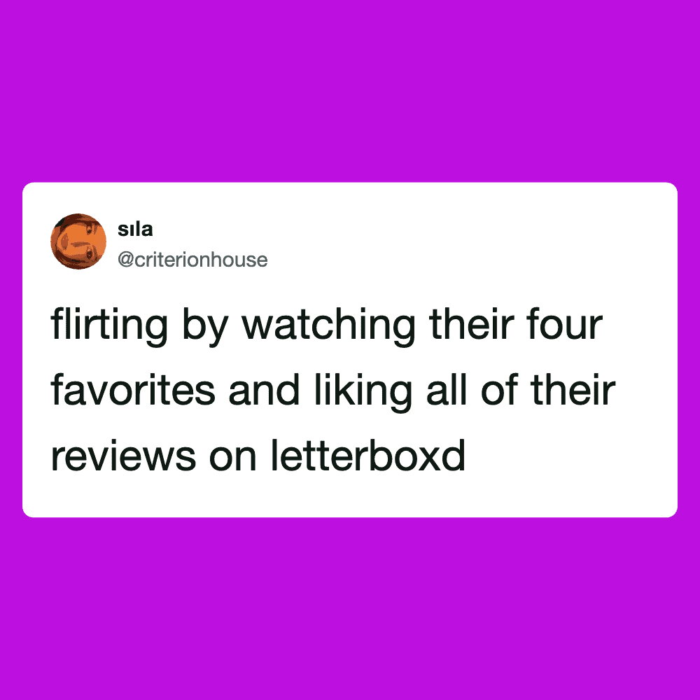 Humorous meme image from Pleated Jeans about flirting and reviewing favorites on Letterboxd.