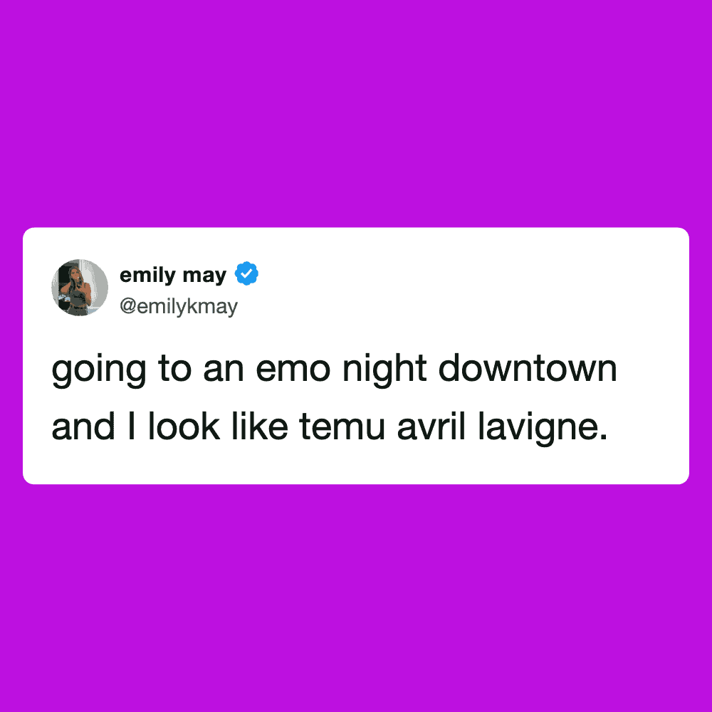 Humorous meme from Pleated Jeans showing a tweet about emo night and looking like Avril Lavigne.