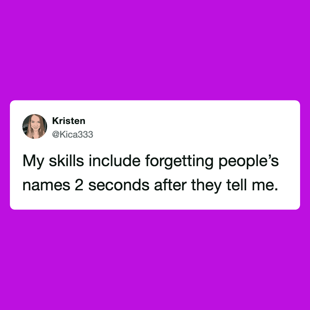 Humorous meme from Pleated Jeans featuring a witty quote about forgetting names.