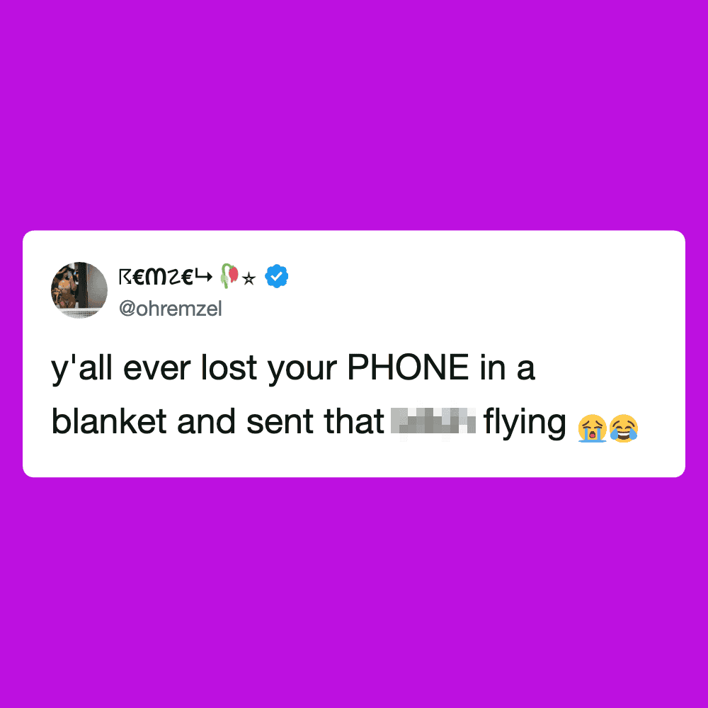 Humorous meme image from Pleated Jeans featuring a funny quote about losing your phone in a blanket.