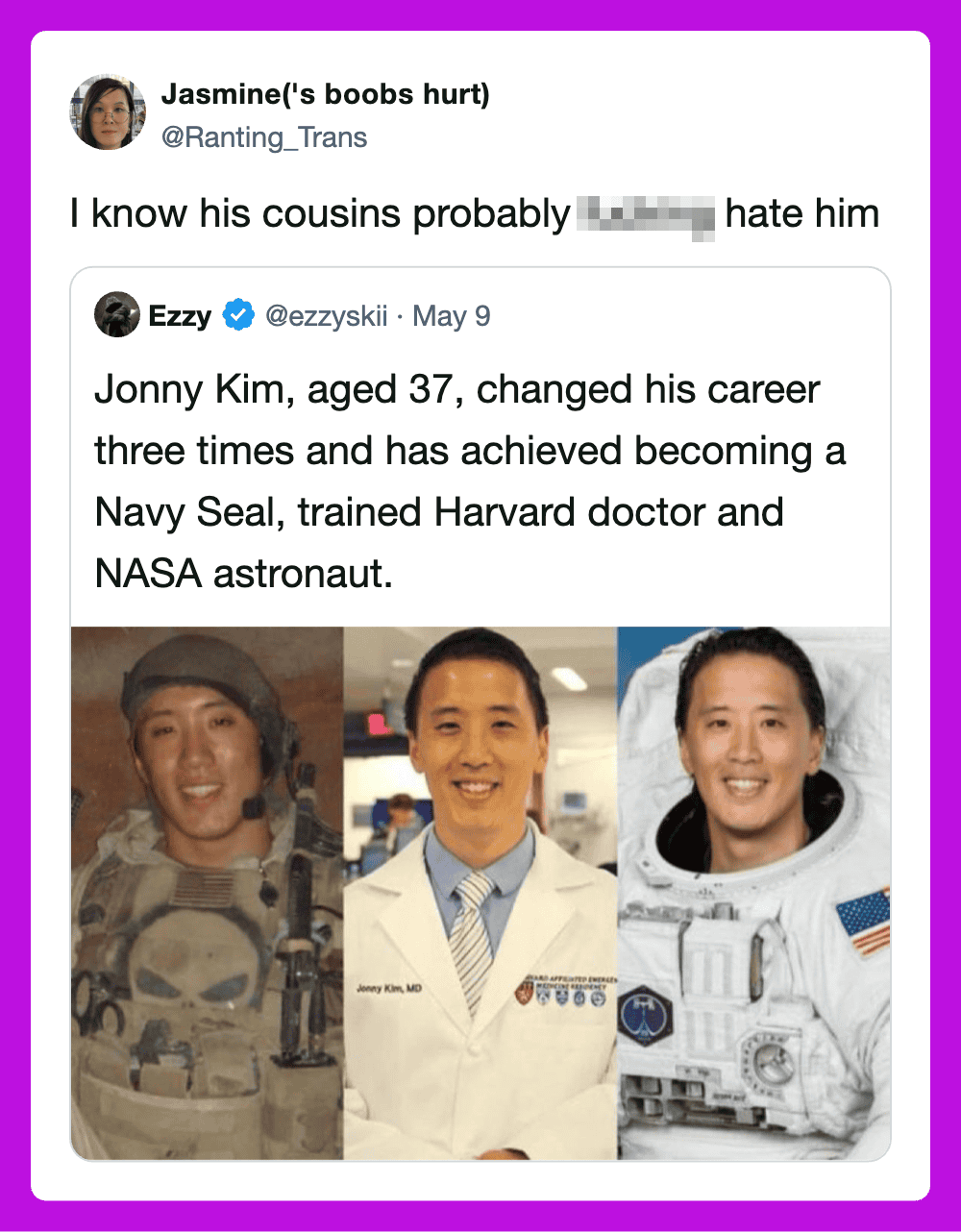 Photo collage of Jonny Kim in military uniform, medical coat, and astronaut suit.