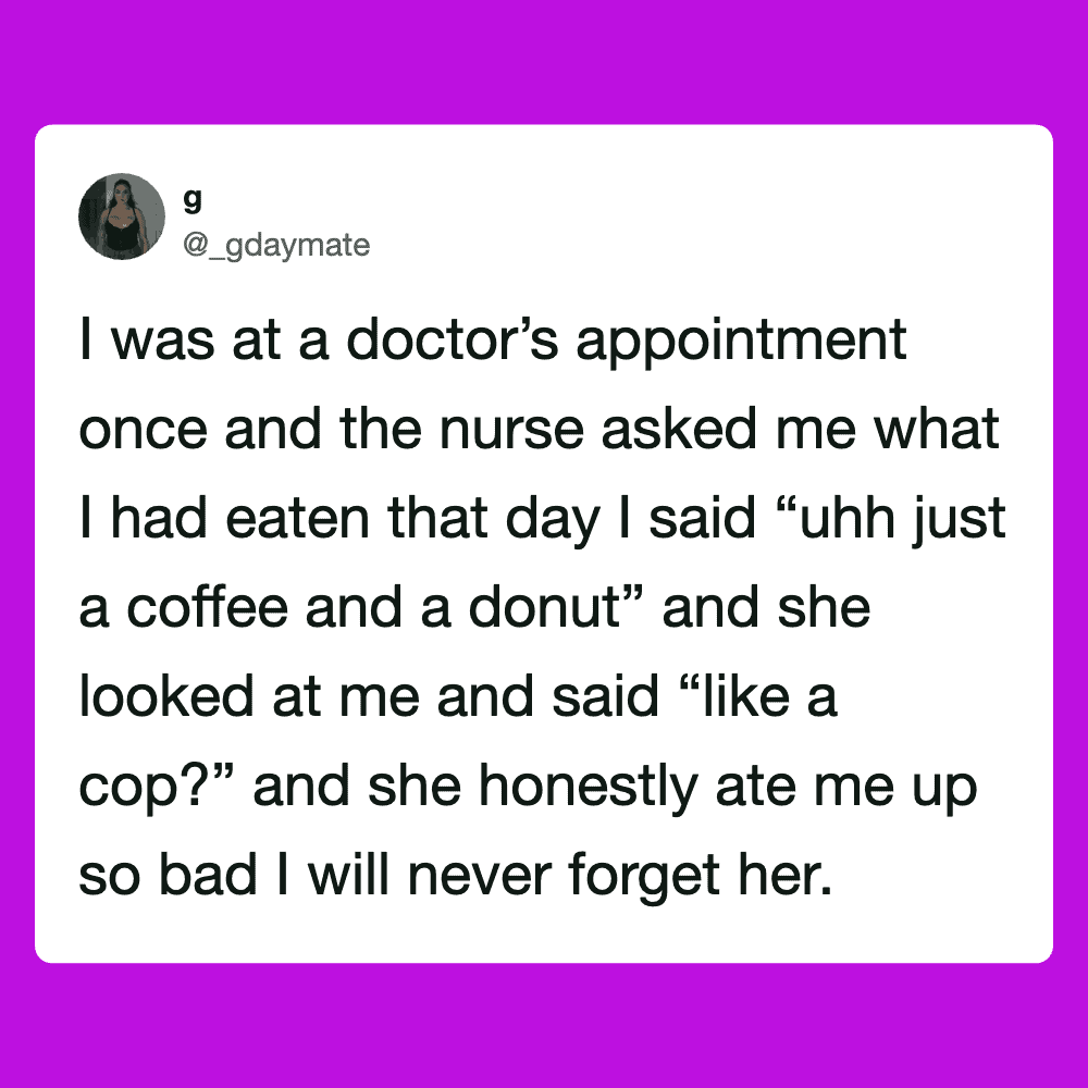 Humorous image of a person sharing a coffee and donut story at a doctor's appointment.