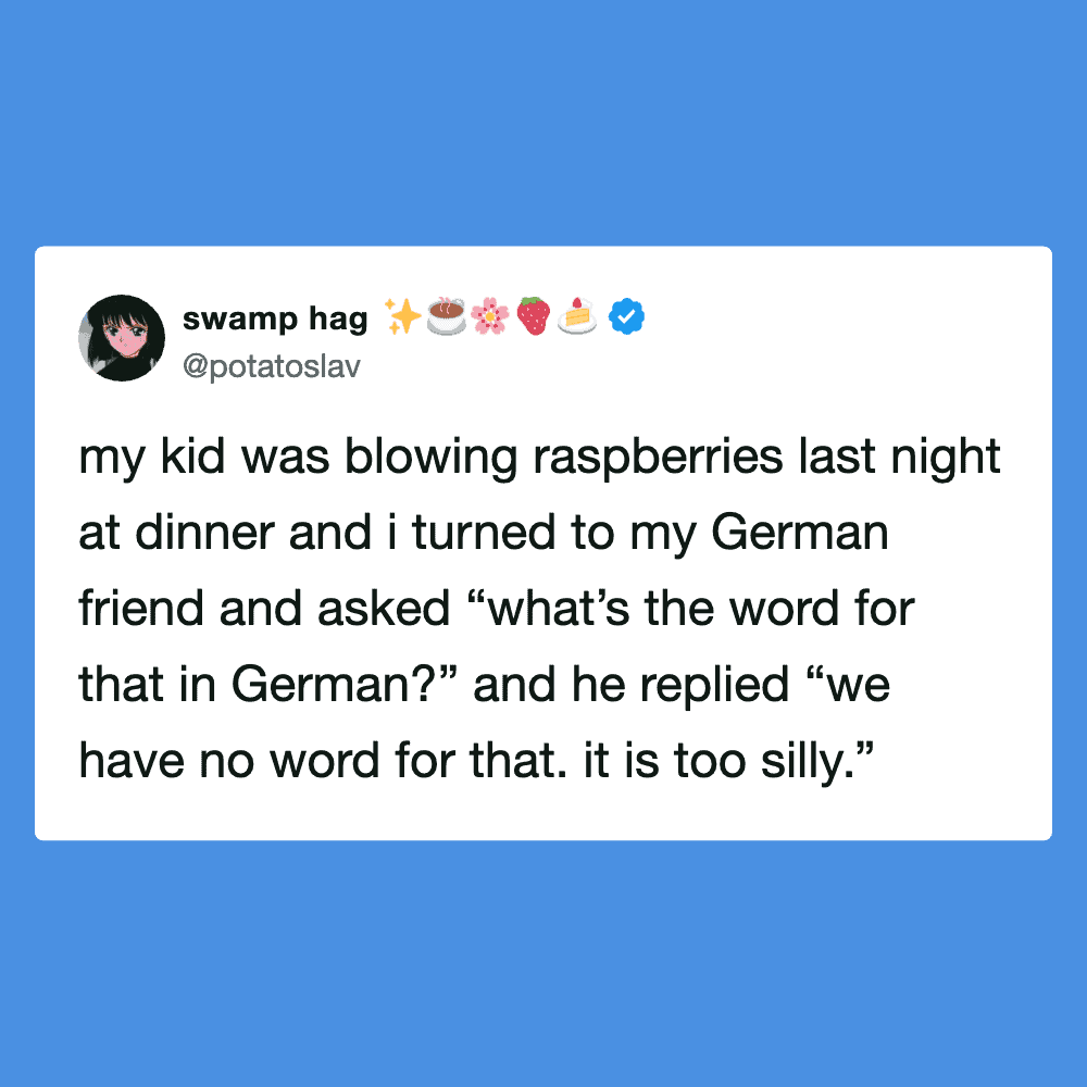 Humorous tweet about a child's funny response to the German word for raspberry.