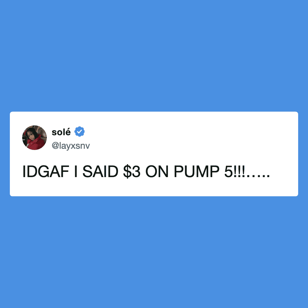 Pump price humor tweet about paying only $3, shared by Solé, with a casual tone.