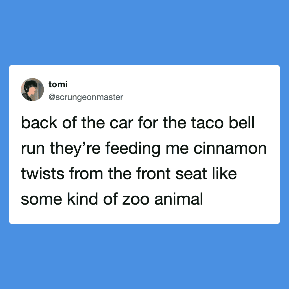 Taco Bell cinnamon twists tweet, humorous social media post about food and zoo animals.